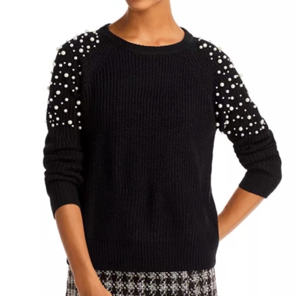 AQUA Bloomingdale’s Pearl Shoulder Crewneck Black Sweater